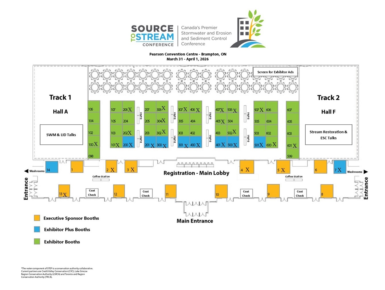 2026 Source to Stream Conference floor plan showing exhibitor booth availabilities