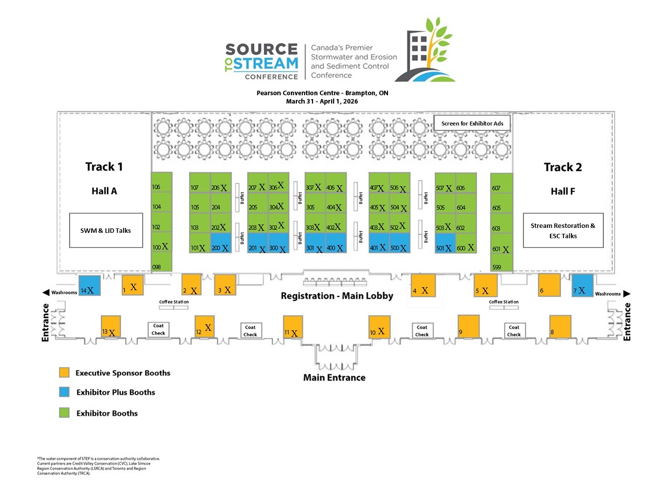 2026 Source to Stream Conference floor plan showing exhibitor booth availabilities