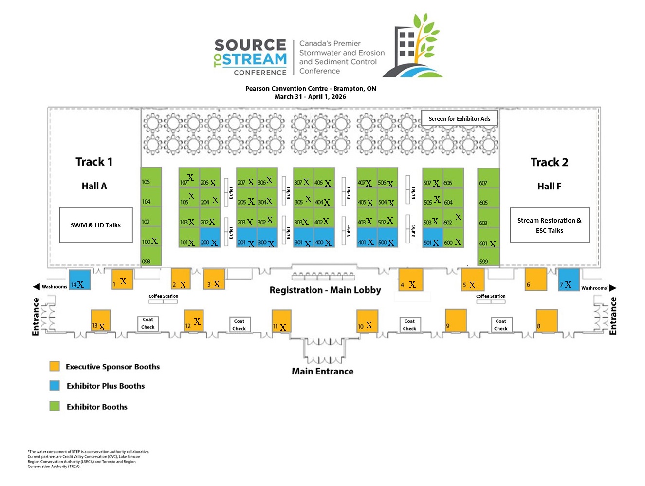 2026 Source to Stream Conference floor plan showing exhibitor booth availabilities