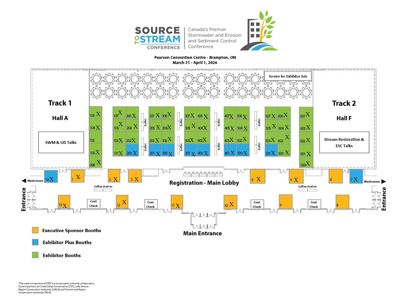 2026 Source to Stream Conference floor plan showing exhibitor booth availabilities